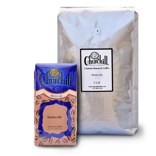 Churchill Coffee Company - Mexico HG - Showing both size options - 12 ounce bag and 5 pound bulk bag