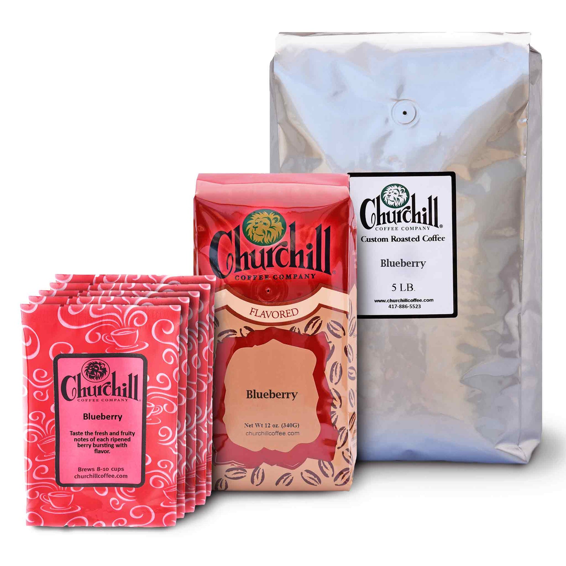 Churchill Coffee Company - Blueberry - Showing all 3 size options. 1.5 ounce bags in a 5 pack, 12 ounce bag, and a 5 pound bulk bag