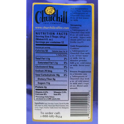 Vanilla Spice Chai Tea Close Up of Ingredients and Nutrition Facts. Serving size 3 Tbsps, makes 6 fl. oz., 93 calories per serving. First 3 ingredients are sugar, non-dairy creamer, nSodium Caseinate